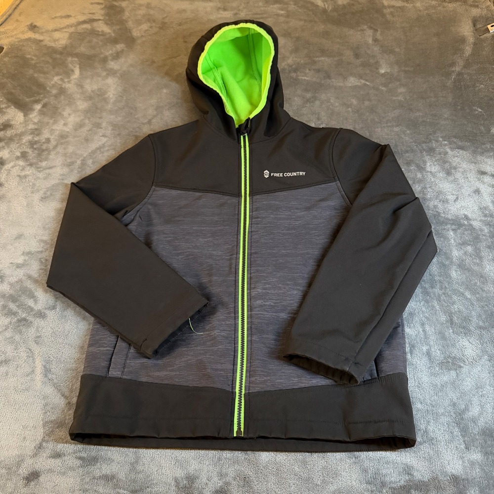 Free Country Boys XL 10-12 Black Gray Neon Green Lined Hooded Jacket Snow Winter